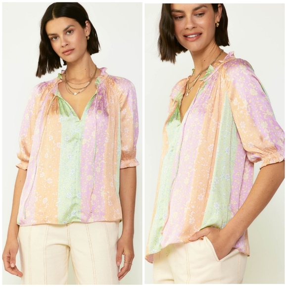 CURRENT AIR Anthropologie Color Block Floral Short Sleeves Relaxed Fit Blouse - Picture 3 of 7